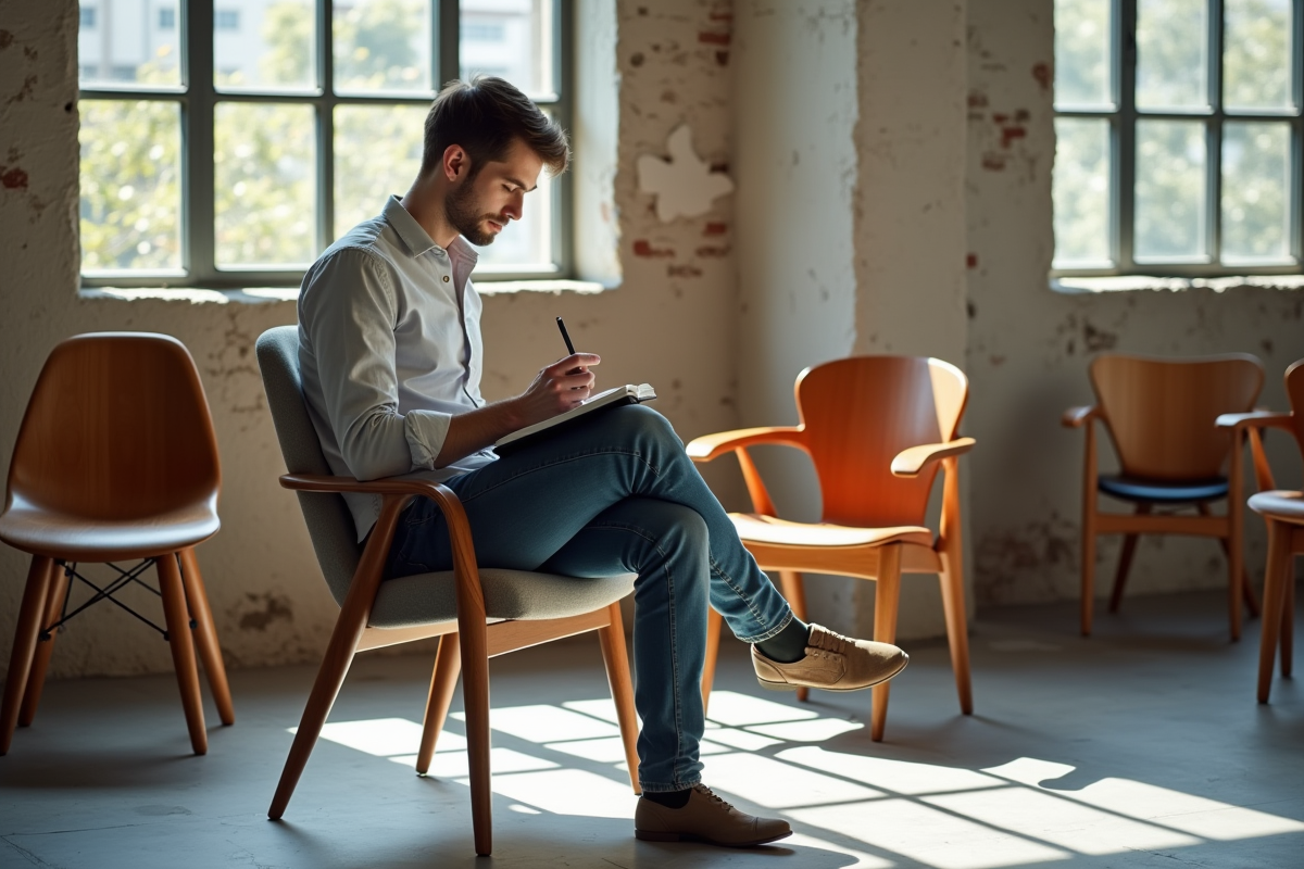 Jeune homme assis sur une chaise scandinave en studio lumineux