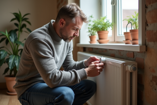 Homme d'âge moyen réglant un thermostat dans un salon chaleureux
