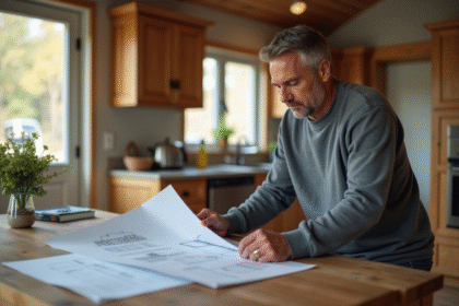 Homme rénovant sa cuisine avec plans et matériaux modernes