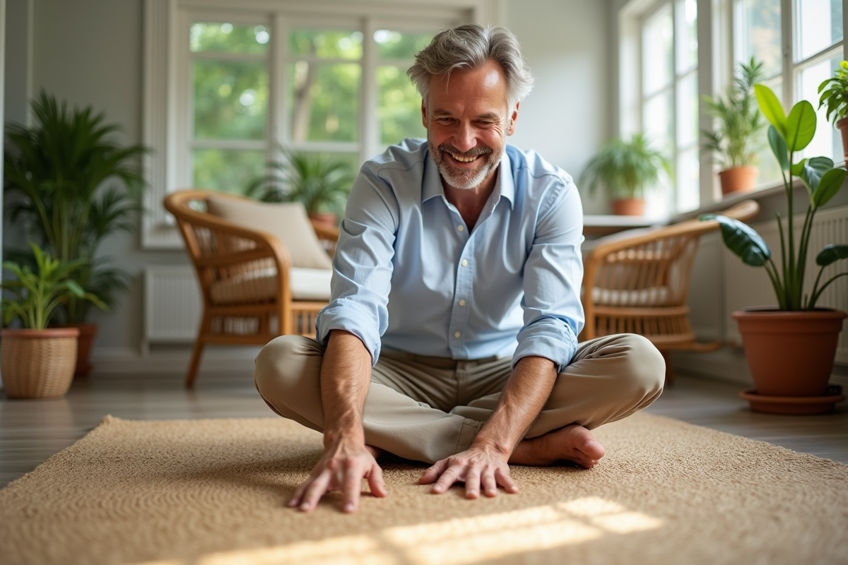Homme assis sur un tapis en jute dans une véranda lumineuse