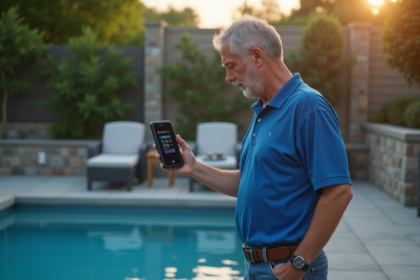 Homme vérifiant le panneau de contrôle d'une piscine extérieure au matin