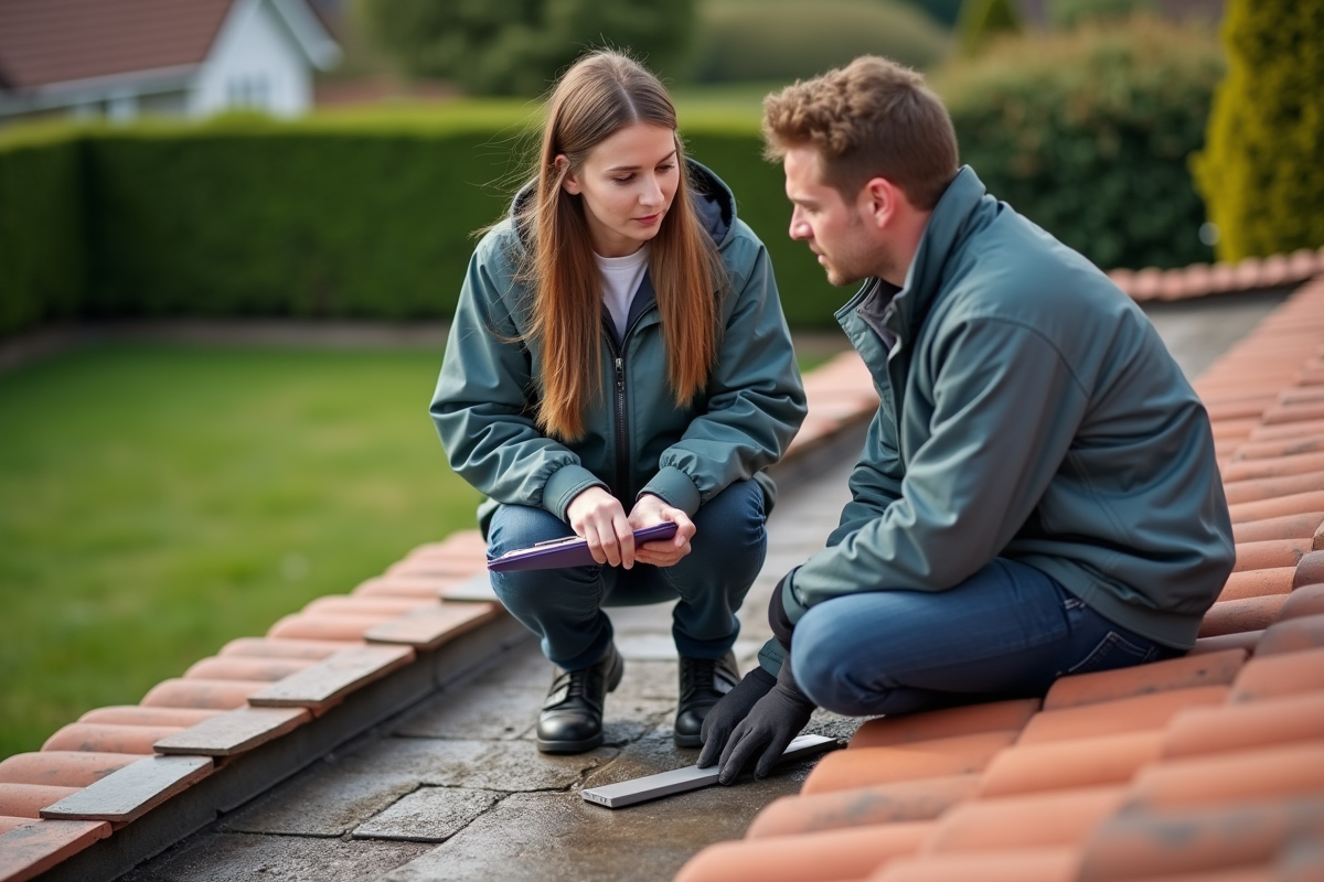 Femme discutant avec un couvreur sur un toit en tuiles