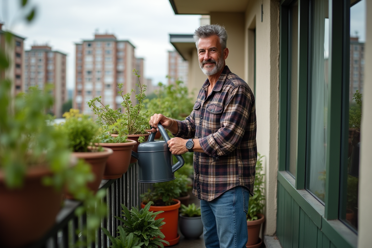 Homme installant un systeme de collecte d eau sur un balcon urbain