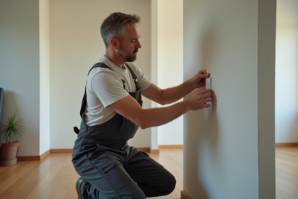 Homme en overalls installant une prise électrique dans un salon moderne