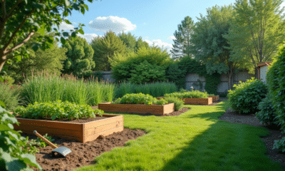Jardin potager avec lits surélevés en bois et outils de jardinage