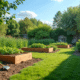 Jardin potager avec lits surélevés en bois et outils de jardinage