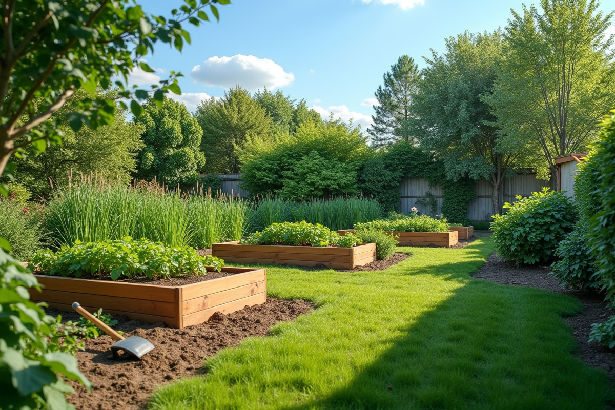 Jardin potager avec lits surélevés en bois et outils de jardinage