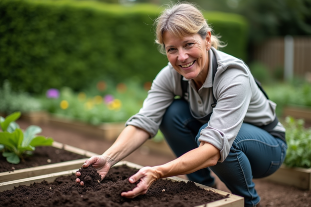 Femme en jardinage appliquant du compost sur la terre