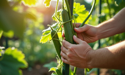 Mains de jardinier attachant des courgettes à un treillis dans un jardin ensoleille