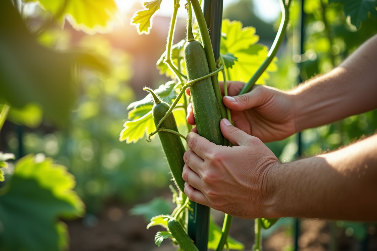 Mains de jardinier attachant des courgettes à un treillis dans un jardin ensoleille