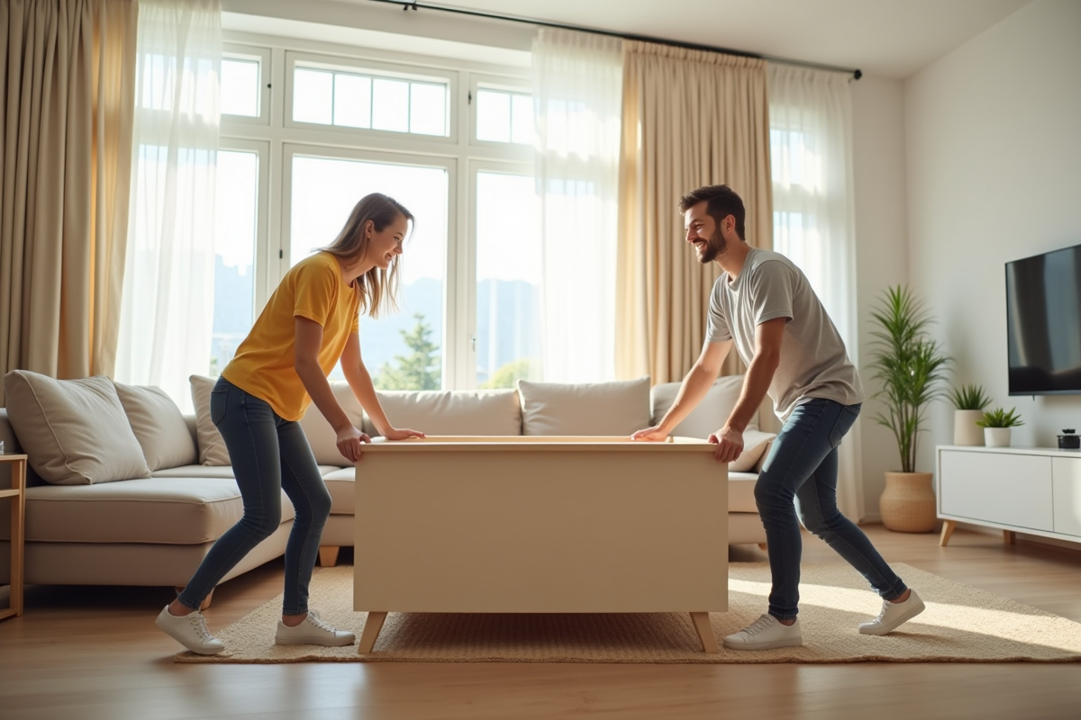 Jeune couple souriant déplaçant un canapé en bois dans un salon lumineux