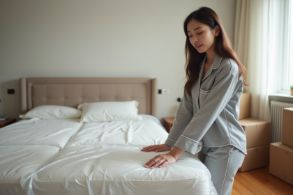 Jeune femme regardant un matelas neuf dans sa chambre moderne