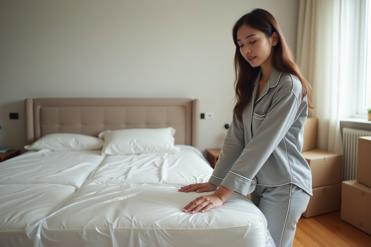 Jeune femme regardant un matelas neuf dans sa chambre moderne