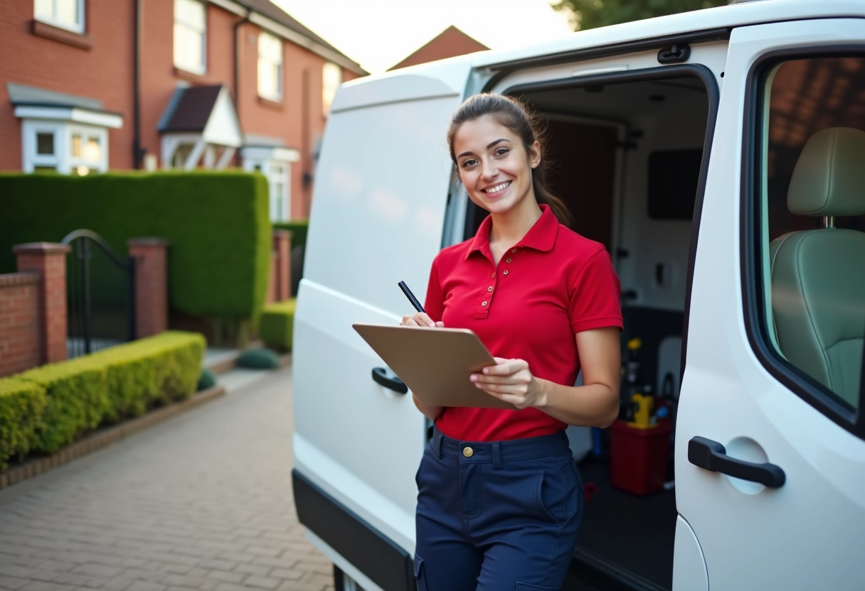 Jeune femme plombier écrit sur une tablette devant sa camionnette