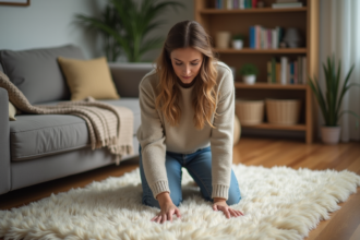 Jeune femme examinant la texture d’un tapis en laine dans un salon moderne
