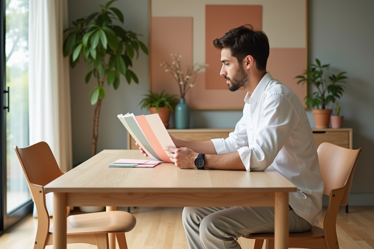 Jeune homme examinant des échantillons de peinture dans la salle à manger