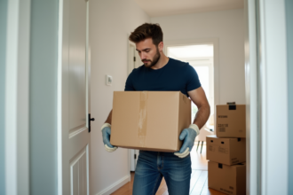 Jeune homme en tenue de travail déplaçant une boîte dans un appartement