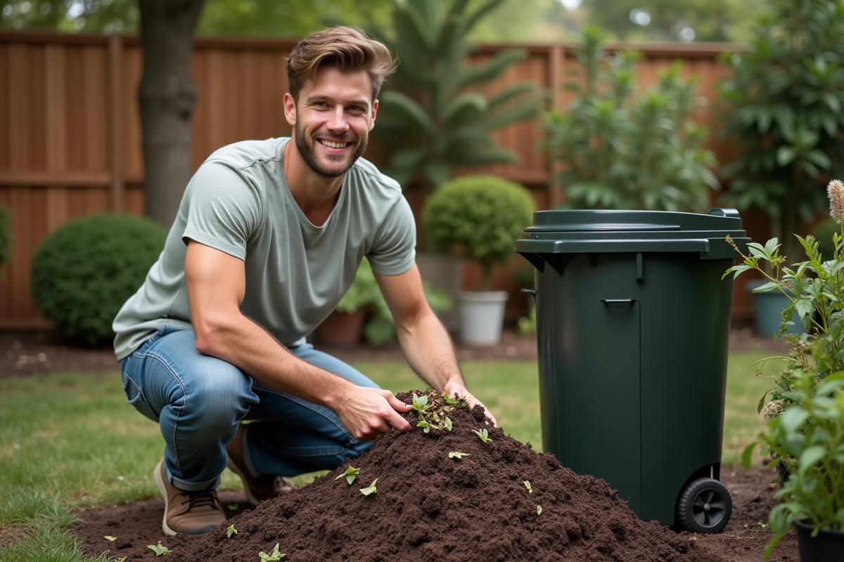 Jeune homme mélangeant des déchets organiques dans un compost