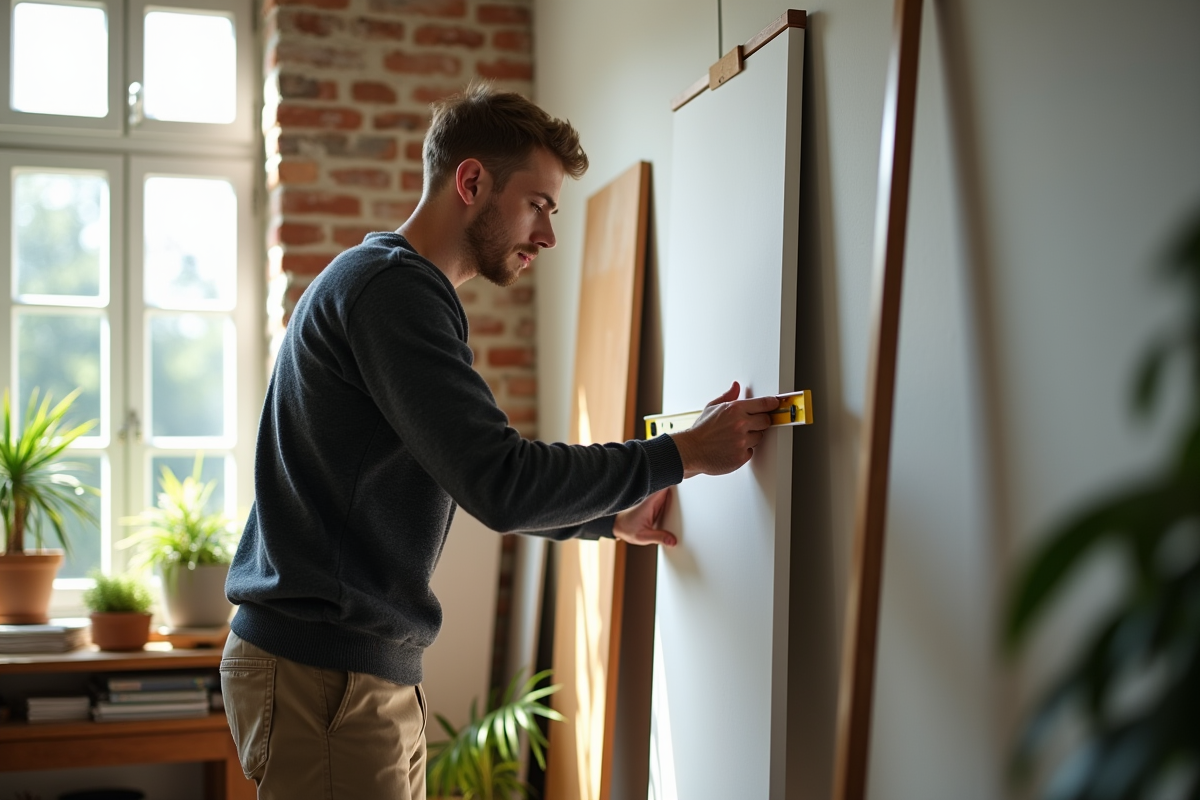 Jeune homme utilisant un niveau pour aligner un tableau dans un atelier créatif