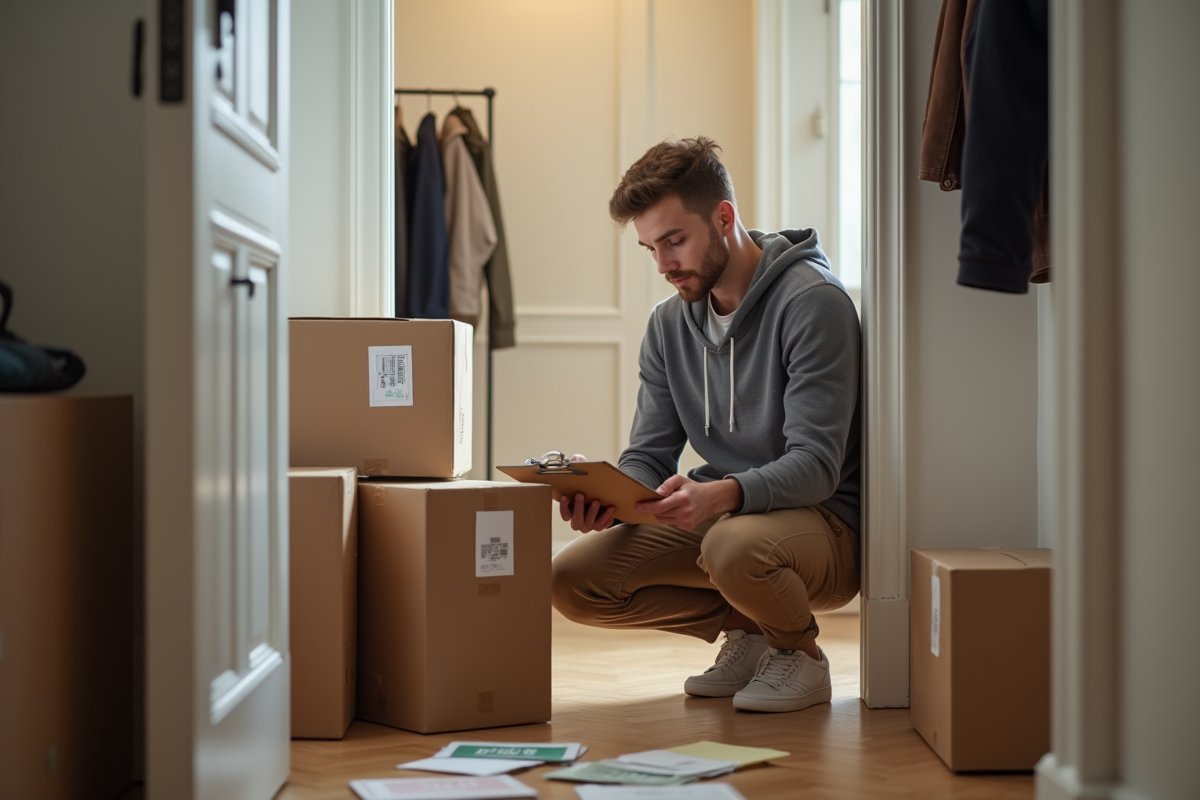 Jeune homme organisant des cartons dans l