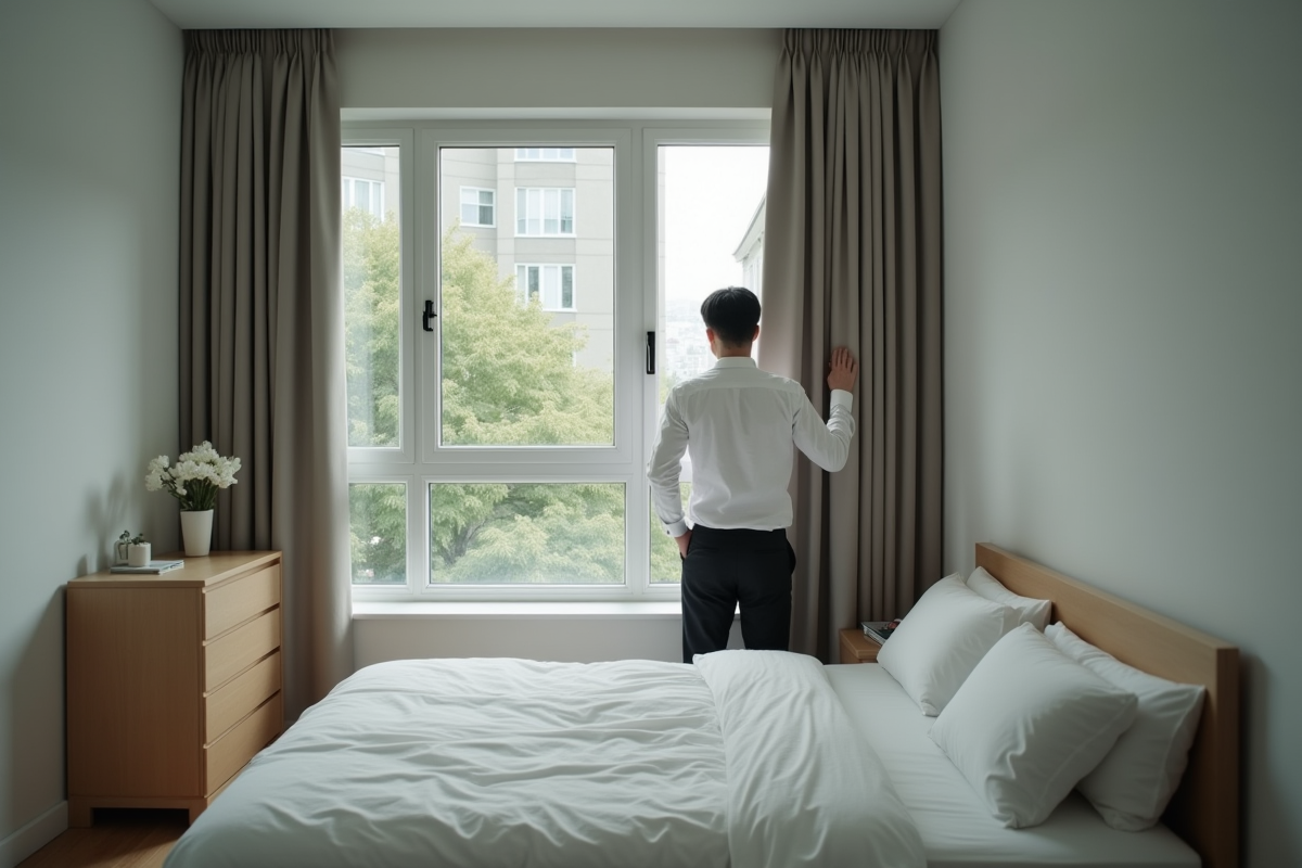 Jeune homme ajustant les rideaux dans une chambre minimaliste