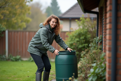 Femme posant un tonneau de pluie dans un jardin résidentiel