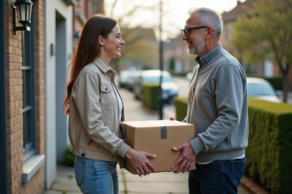 Femme donnant un colis à un homme souriant devant une maison