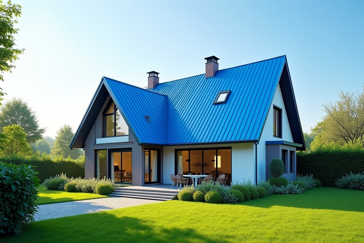 Maison moderne avec toit bleu en métal vue de bas
