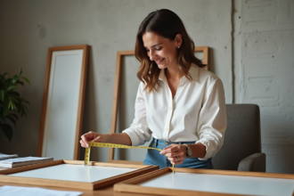 Femme mesurant un cadre en bois avec un mètre ruban