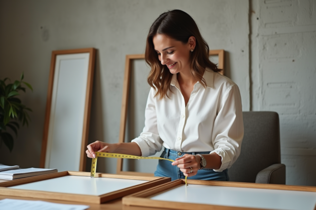 Femme mesurant un cadre en bois avec un mètre ruban