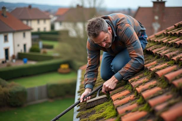Homme nettoyant la mousse d'un toit en tuiles avec brosse