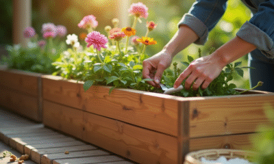 Personne nettoyant une grande jardiniere en bois en terrasse
