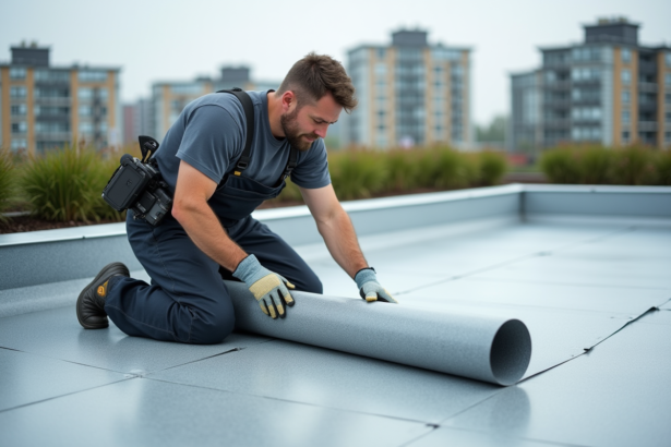Ouvrier pose une membrane imperméabilisation sur un toit urbain