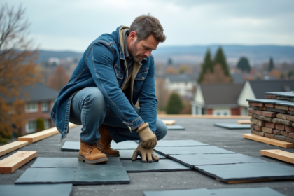 Ouvrier examinant des tuiles en ardoise naturelle sur un toit
