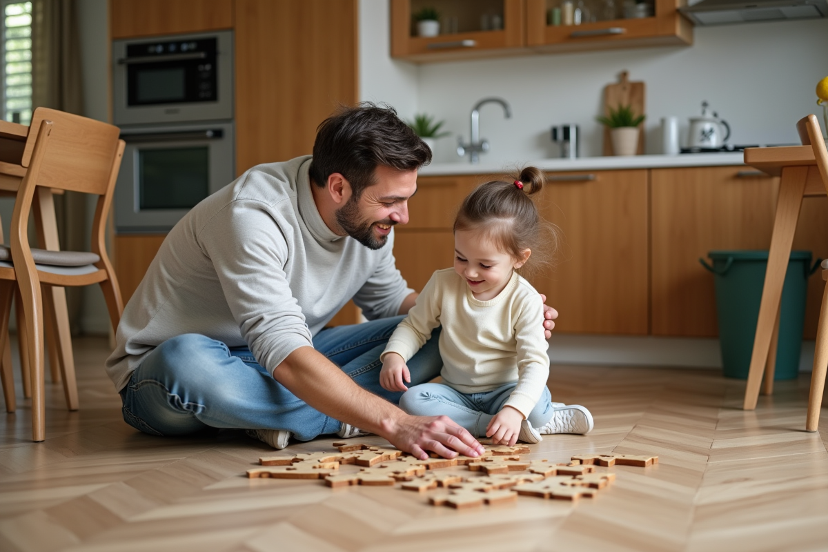 Père et fille jouant sur un sol en linoleum dans la cuisine