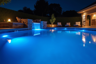 Piscine moderne la nuit avec éclairage LED bleu et blanc