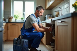 Plombier homme en bleu sous évier cuisine moderne