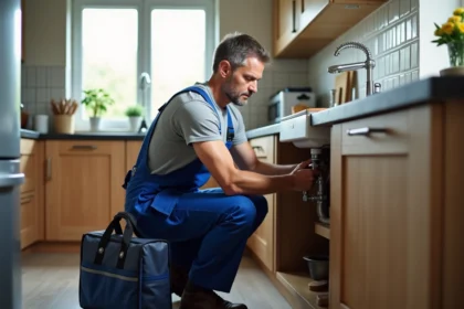 Plombier homme en bleu sous évier cuisine moderne