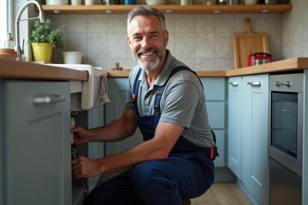 Plombier souriant à la cuisine moderne avec évier et outils