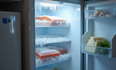 Porte de freezer ouverte avec givre dans une cuisine familiale