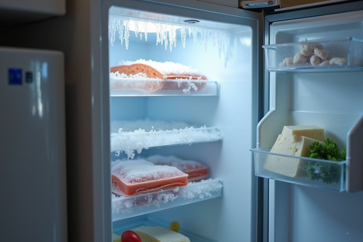 Porte de freezer ouverte avec givre dans une cuisine familiale