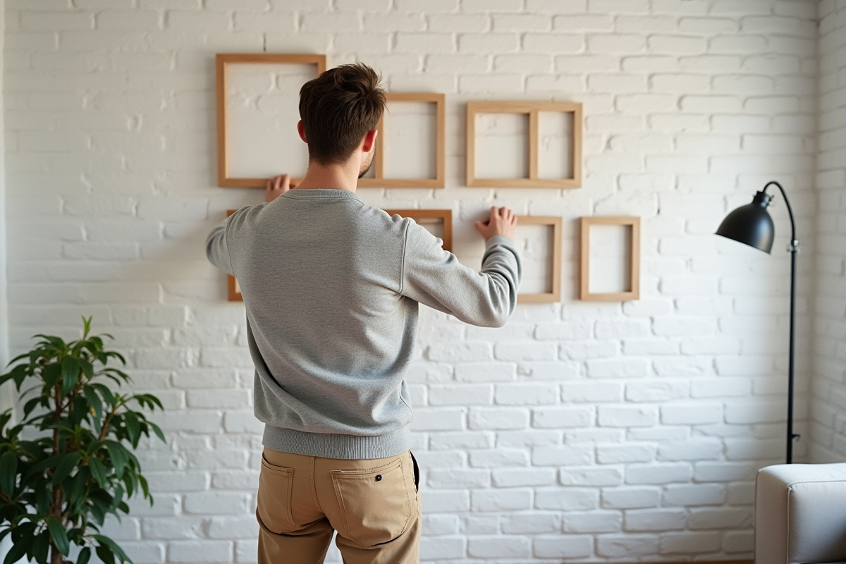 Jeune homme accrochant des cadres sur un mur blanc
