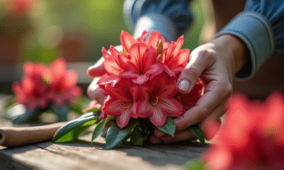 Mains préparant un rhododendron en extérieur avec lumière naturelle