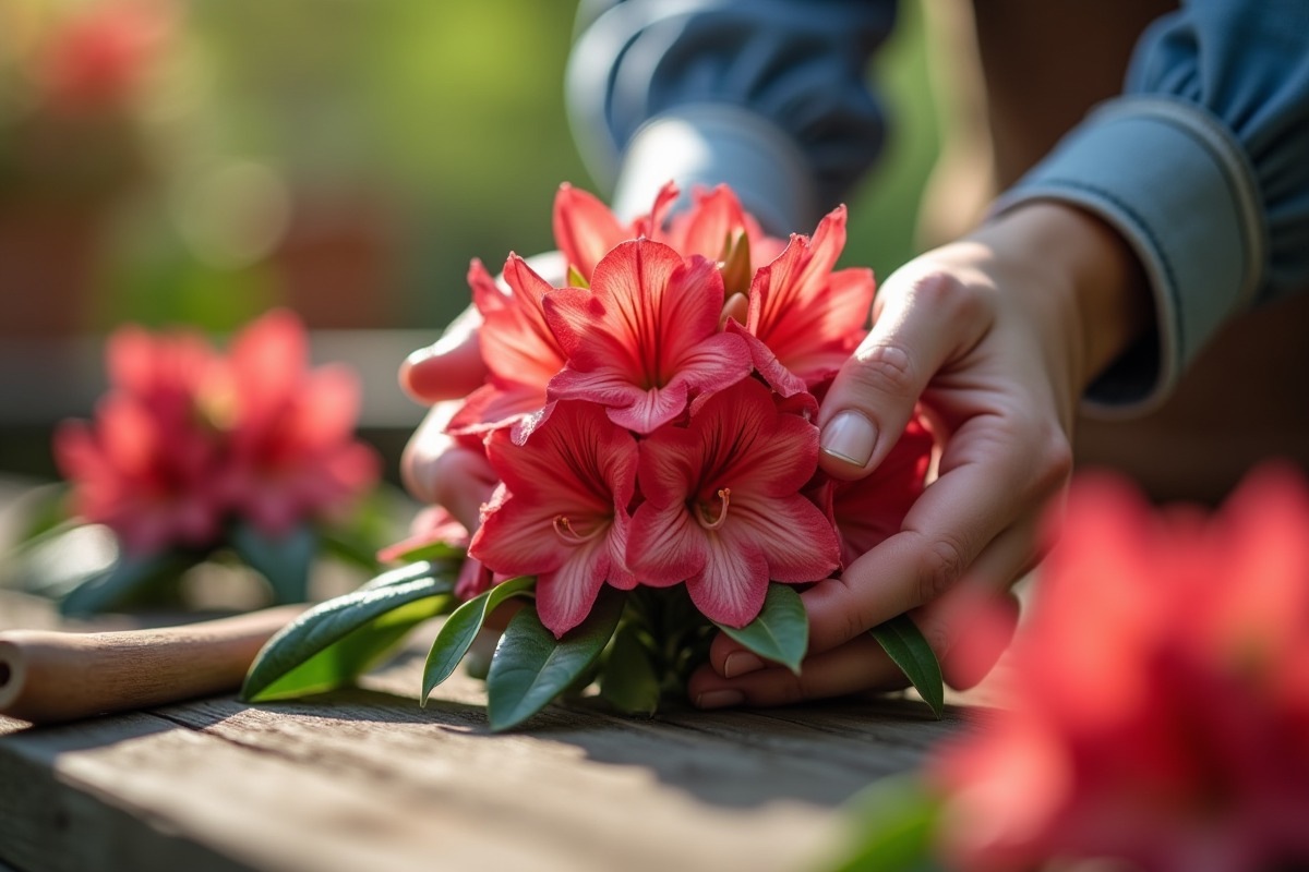 Mains préparant un rhododendron en extérieur avec lumière naturelle