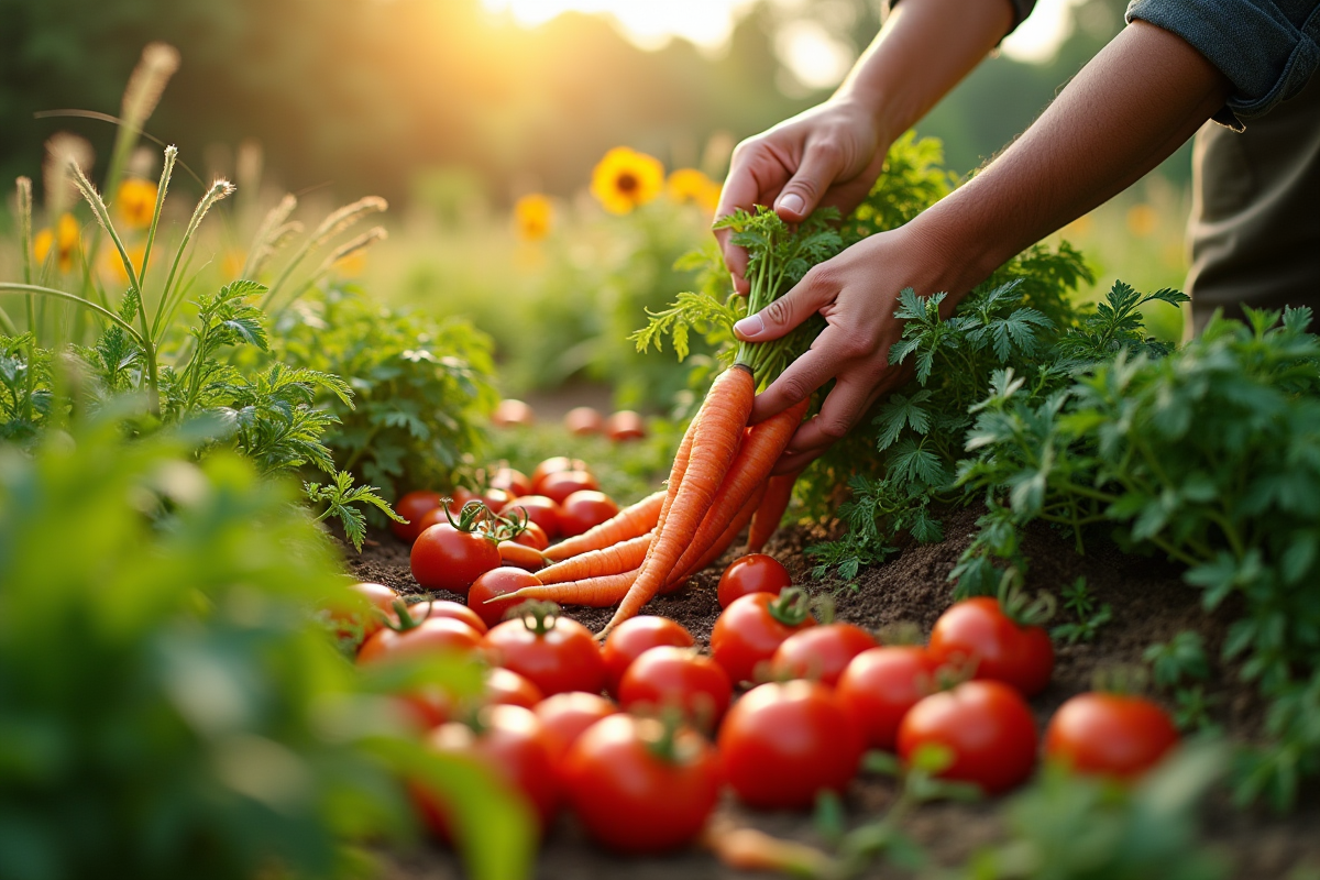 Personne récoltant tomates et carottes dans un jardin luxuriant