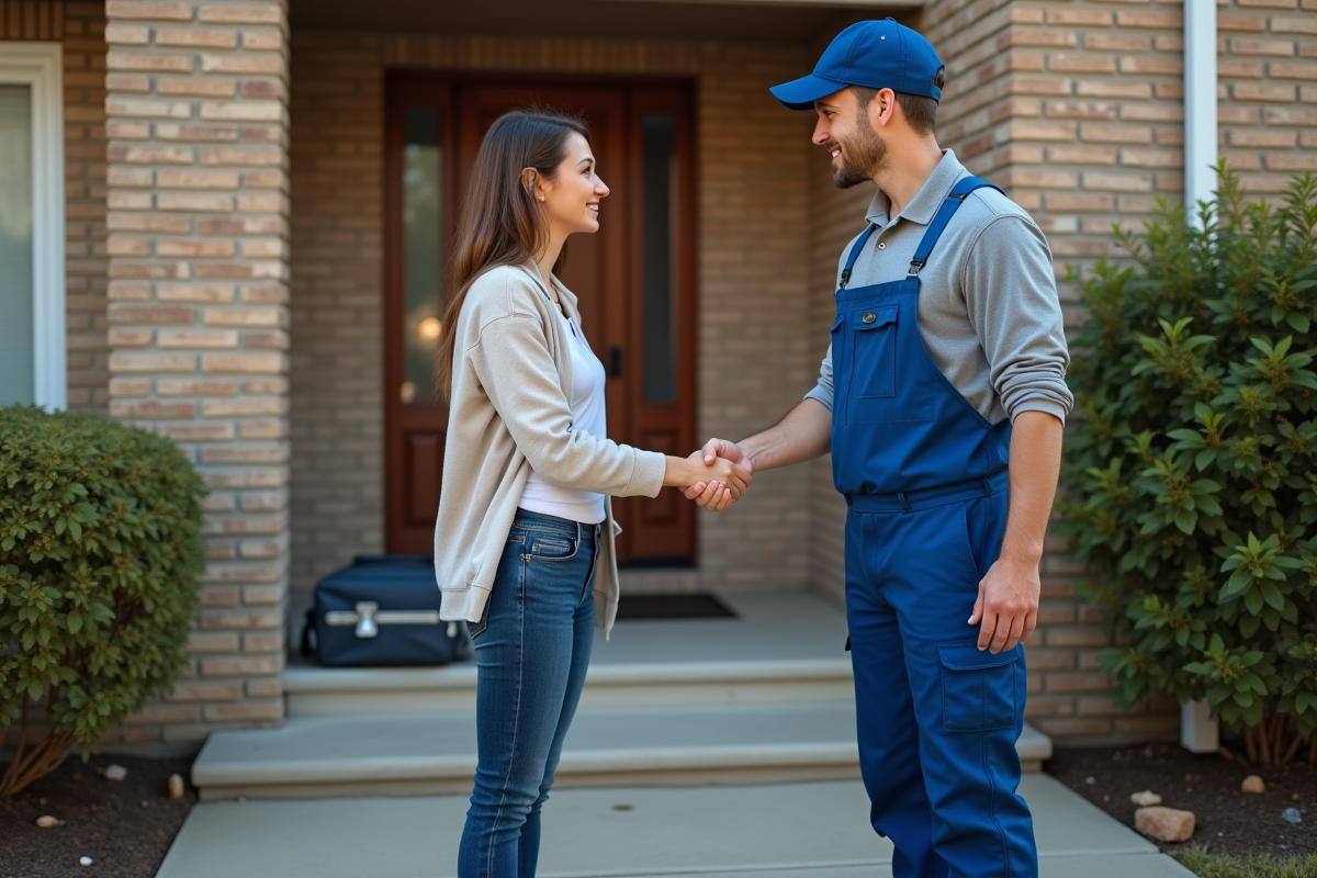 Femme et plombier se serrant la main devant la maison