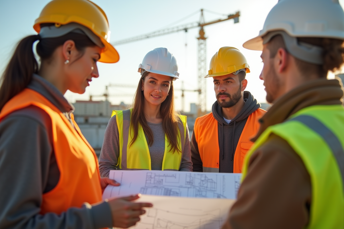 Femme en sécurité examine plans avec équipe sur chantier