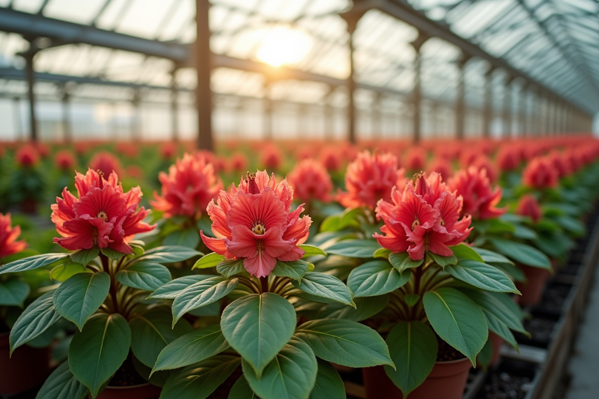 Rhododendrons en pot dans une serre lumineuse et verdoyante