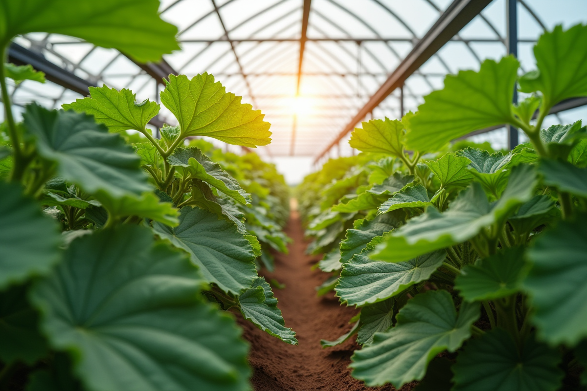 Plants de courgettes sains dans une serre moderne avec irrigation goutte à goutte