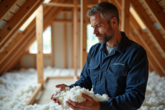 Technicien inspectant l'isolation en cellulose dans un grenier